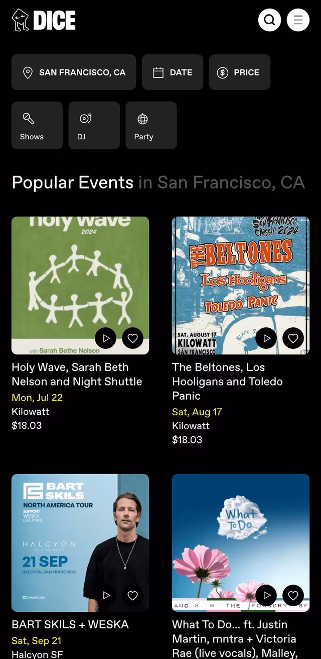 Preview screenshot of Dice website